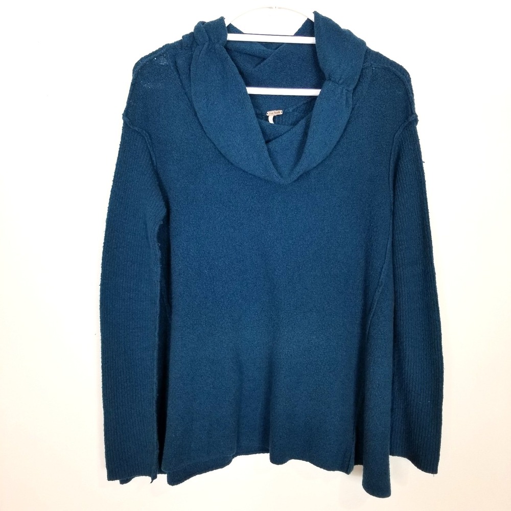 Free People Women Strawberry Fields Cowl Neck Sweater Sz M Teal Blue Boho